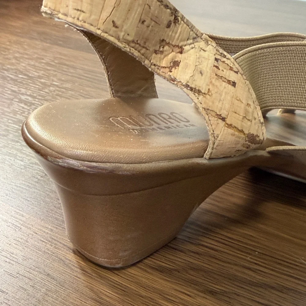 Munro American Cork Strappy Wedge Sandals Tan‎ Elastic 7M 78401